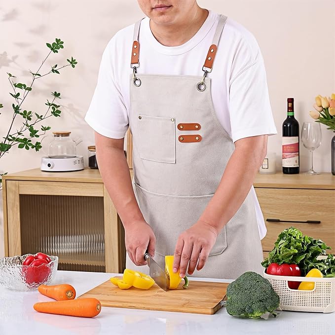 Chef Apron Medium-Thick Cotton Canvas,Cross Back with Multiple Pockets Adjustable Work Apron for Men and Women (Beige)