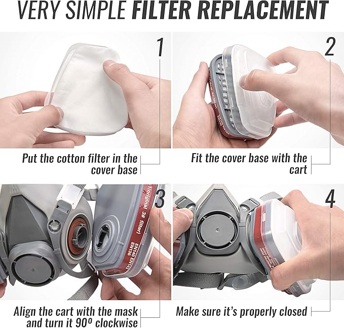 Respirator Mask for Spray Painting, Woodworking, Welding, Dust, and General Safety with Clear Eye Goggles, 10 Replacement Filters, Half Face Cover with Safety Glasses