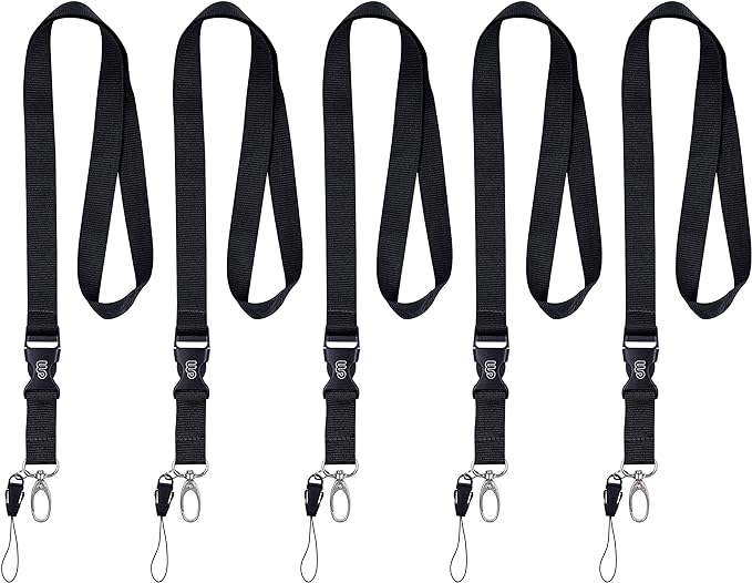 Wisdompro Office Lanyard, 5 Pack 23 inch Quick Release Neck Strap Lanyard with Detachable Buckle, Metal Oval Clasp, String Loop for ID Badges, Keys, Keychain, USB Flash Drives, Phones - Black