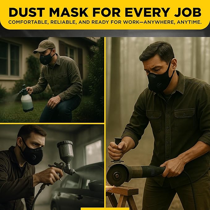 ToughCraft Reusable Dust Mask, Breathable Face Mask with 6 Filters for Dust, Welding, Construction, Sanding, Paint, Woodworking, Dual Breathing Valve for Cycling, Running, Outdoor Sports - Black