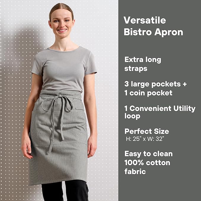 MEEMA Bistro Half Apron for Men & Women | Half Aprons for Women With Pockets | Delantales Para Meseros | Waitress Aprons | Server Apron with Pocket