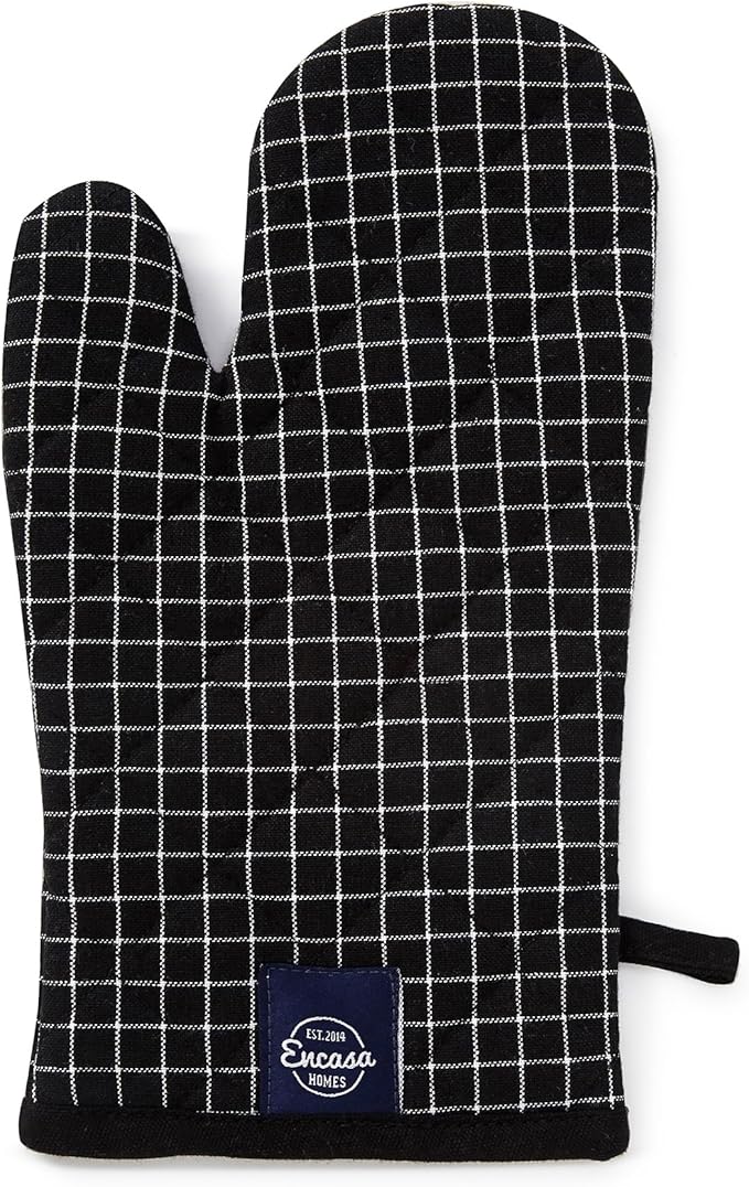 Encasa Homes Long 12" Oven Microwave Hand Gloves Mitts (2 pc Set) for Kitchen Cooking & Baking - Heat Resistant, Thick & Safe, Protection of Hands from Hot Utensils - Butcher Checks Black