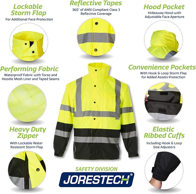JORESTECH Safety Rain Set/Jacket Reflective High Visibility Yellow Black JK-03 / Pants Lime ANSI 150D Heavy Duty PANTS-03