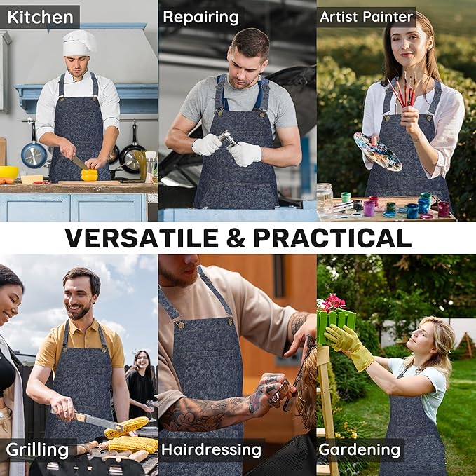 Cotton Denim Apron for Men Women, Cross Back Chef Apron with Large Pockets Removable Straps for Kitchen Cooking Gardening BBQ Hair Stylist Barista, Heavy Duty Jean Work Apron Adjustable Size