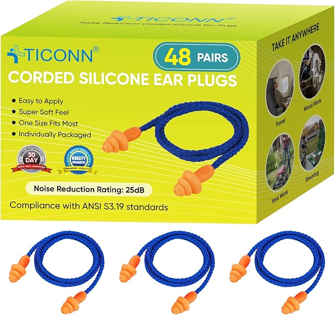 TICONN 48 Pairs Reusable Silicone Ear Plugs for Sleeping Noise Cancelling, 25dB NRR Corded Earplugs for Study Concentration Travel (48 Pairs)
