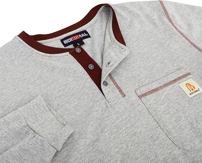BOCOMAL FR Shirts for Men CAT2 5.5oz Long Sleeve Henley Workwear Flame Resistant Fire Retardant Shirt