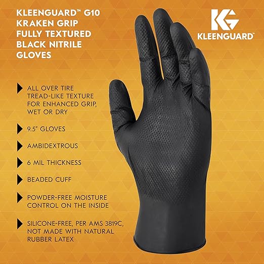 Kleenguard™ Kraken Grip Fully Textured Black Nitrile Gloves (49278), Extra-Large (XL), Powder-Free, 6 Mil, Ambidextrous, Thin Mil, 90 Gloves/Box, 10 Boxes/Case