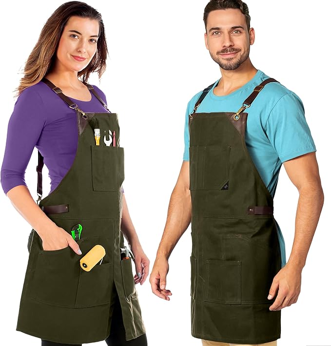 Under NY Sky Cargo Green Apron – Cross-Back with Leather Straps, Heavy-Duty Waxed Canvas and Split-Leg – Adjustable for Men and Women – Pro Woodworker, Mechanic, Blacksmith, Welder, Artist Aprons