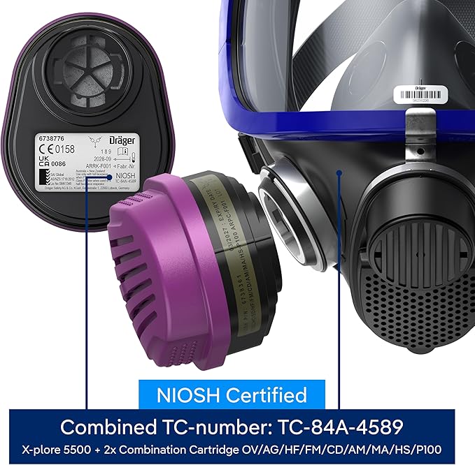 Dräger X-plore 5500 Full-Face Respirator Mask + 2x Combination Cartridge OV/AG/HF/FM/CD/AM/MA/HS/P100 | One size fits most | NIOSH Certified Eye and Respiratory Protection, Anti-Fog, 180° View