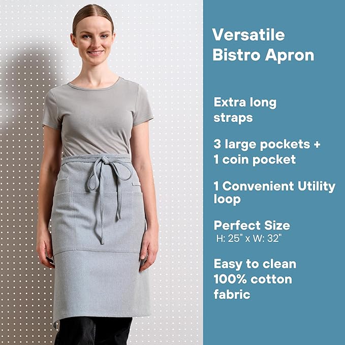 MEEMA Bistro Half Apron for Men & Women | Half Aprons for Women With Pockets | Delantales Para Meseros | Waitress Aprons | Server Apron with Pocket