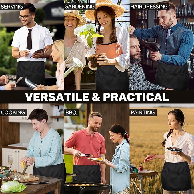 3 Pack Waist Apron with 3 Pockets, Unisex Black Waiter Aprons, Water Resistant Server Aprons for Restaurant Chef Bar