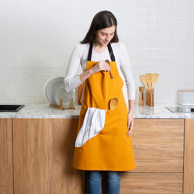 Cotton Canvas Apron for Women & Men – Adjustable Neck Strap & Waist Ties with Pockets – Kitchen, Cooking, Baking, Chef, BBQ, Grilling, Gardening – Durable 33x27 Inches – Orange with Black Straps