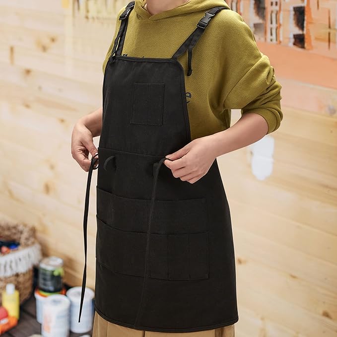 MyLifeUNIT Artist Apron, Adjustable Painting Apron with 10 Pockets for Arts and Craft, Black Canvas Pottery Apron for Women Men