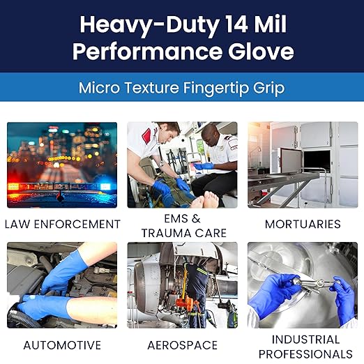 Adenna HERO Disposable Latex Gloves - 14 Mil, NFPA-Approved Heavy Duty Glove with 12" Extended Cuff & Micro-Textured Grip, Exam Grade, Powder Free, Case of 500, Medium, Blue