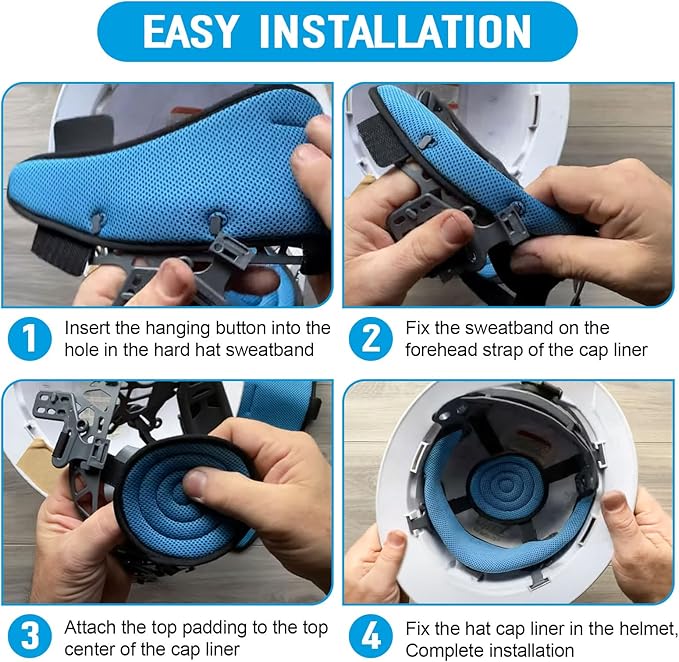 Hard Hat Top Pads and Sweatbands for Safety Helmet, Washable Hard Hat Cooling Liner Accessories Set, Suspension Sweat Band Replacement, Reusable Inserts Headband, Blue, 4 PCS