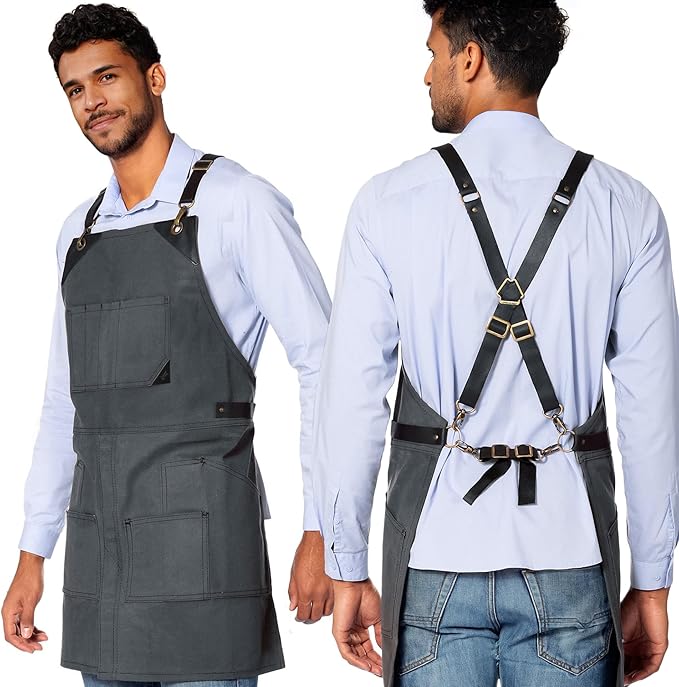 Under NY Sky Cargo Gray Apron – Cross-Back with Leather Straps, Heavy-Duty Waxed Canvas and Split-Leg – Adjustable for Men and Women – Pro Woodworker, Mechanic, Blacksmith, Welder, Artist Aprons