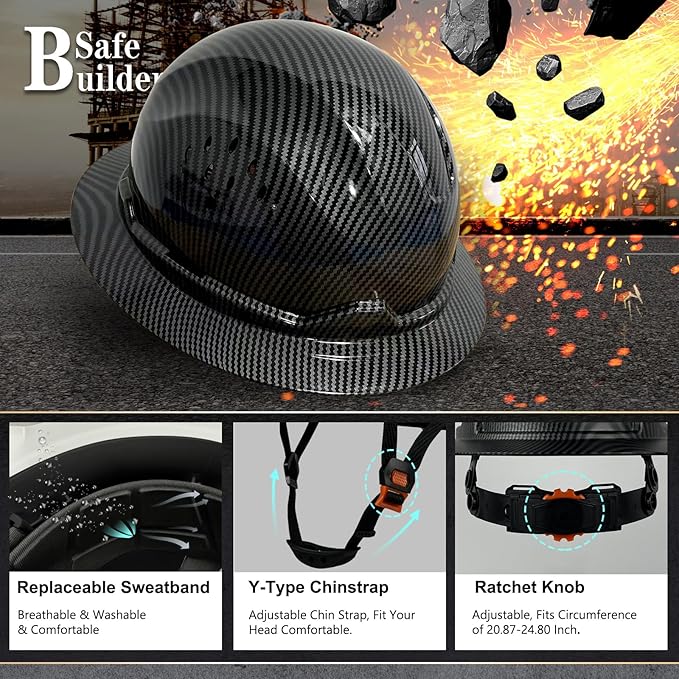 SBD-G1C Construction Full Brim Safety Helmet HDPE Hard Hat Vented Hardhats Sunshade Carbon Fiber Pattern Industrial Work Certified ANSI/ISEA Z89.1