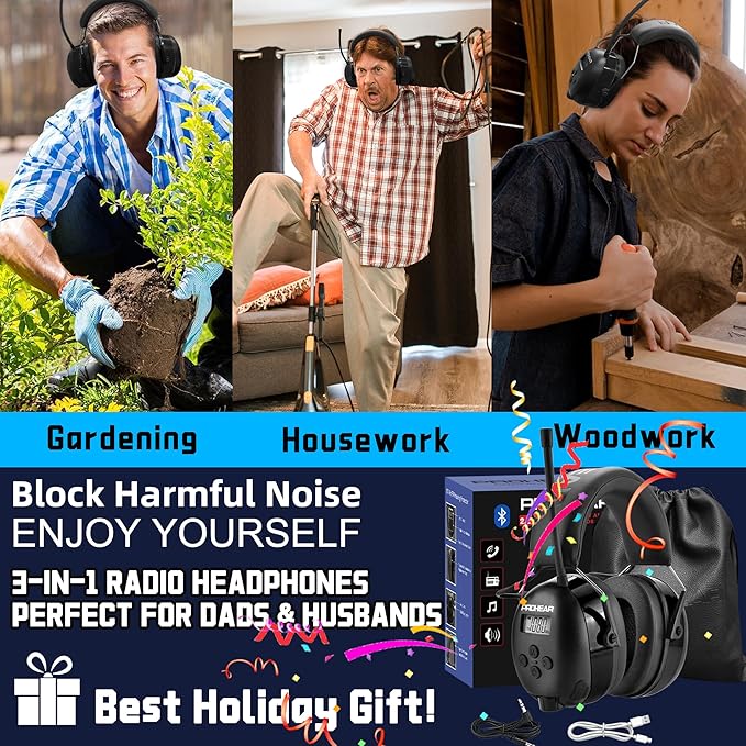 PROHEAR 033 2.0 Bluetooth Hearing Protection Headphones with AM/FM Radio - 31 SNR Noise Reduction Ear Muffs, 50Hrs Rechargeable Battery, 2 Pack for Mowing, Snowblowing, Outdoor Use - Black and Orange