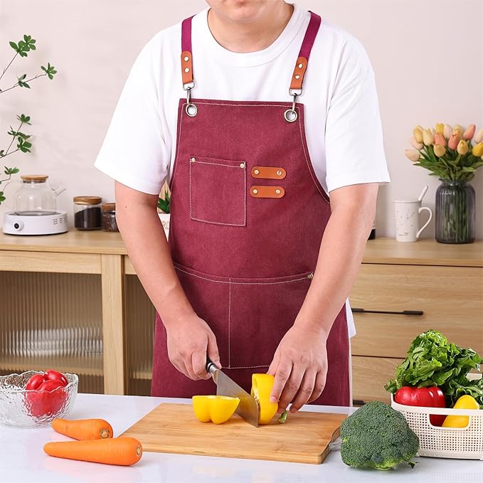 Chef Apron Medium-Thick Cotton Canvas,Cross Back with Multiple Pockets Adjustable Work Apron for Men and Women (Darkred)