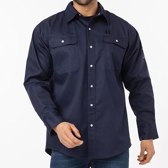 JKSafety 7oz FR Shirts for Men Women NFPA 70E 2112 ARC 2 Fire Resistant Welding Shirts FRC Long Sleeve Safety Workwear