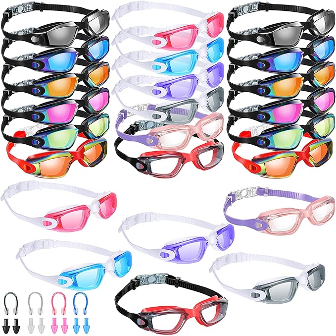 Konohan 24 Pack Swim Goggles Bulk for Kids adult Pool Goggles Anti Fog Silicone No Leak Swimming Glasses for Men Women Youth