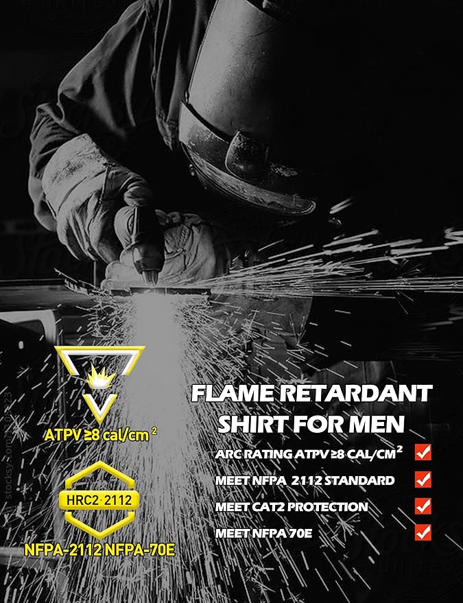 FR Shirts for Men 100% Cotton 5.5oz Lightweight NFPA2112/CAT2 Flame Resistant Shirts for Men Long Sleeve