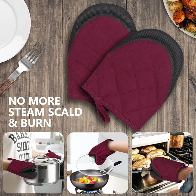 Qulable 1 Pair Short Oven Mitts - Silicone Kitchen Oven Gloves High Heat Resistant 500℉, Mini Oven Mits with Non-Slip Grip Surfaces and Hanging Loop for BBQ, Baking, Cooking and Grilling (Dark Red)