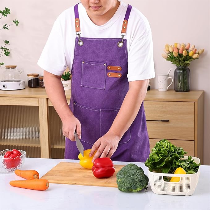 Chef Apron Medium-Thick Cotton Canvas,Cross Back with Multiple Pockets Adjustable Work Apron for Men and Women (Purple)