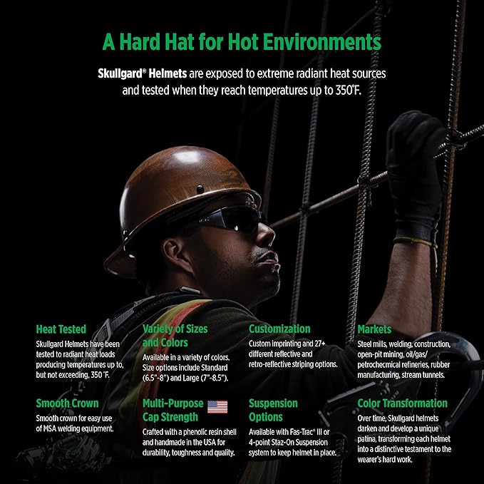 MSA Skullgard Cap Style Safety Hard Hat with Suspension - Non-Slotted Cap, Made of Phenolic Resin, Radiant Heat Loads up to 350F | Fas-Trac III Ratchet Suspension