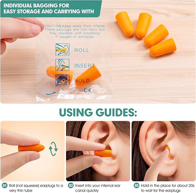 Orange Foam Ear Plugs 100 Pairs (200 Count) - 33dB NRR Highest Protection, Soft & Comfortable Noise Canceling Earplugs for Sleeping, Work, Snoring, Construction, Loud Noise