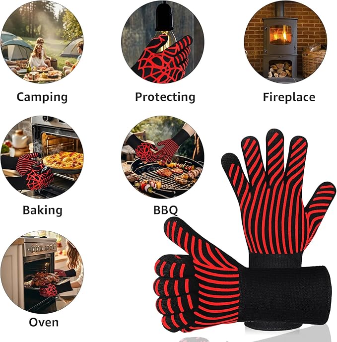 BBQ Gloves, 1472°F Heat Resistant Grilling Gloves Silicone Non-Slip Washable Oven Gloves, Grill Gloves for Barbecue, Grilling, Cooking, Baking, Camping, Smoker