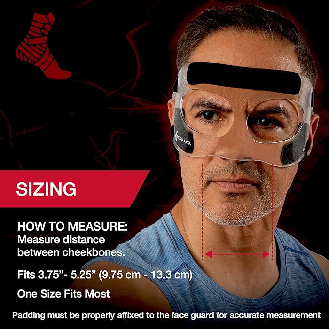 MUELLER Sports Medicine Face Mask for Men & Women, Adjustable Clear Face Guard, Nose & Cheek Protection for Basketball & Cosmetic Procedures, Shatterproof with Foam Padding, One Size