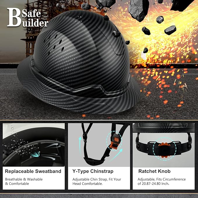 SBD-G1C Construction Full Brim Safety Helmet HDPE Hard Hat Vented Hardhats Sunshade Carbon Fiber Pattern Industrial Work Certified ANSI/ISEA Z89.1