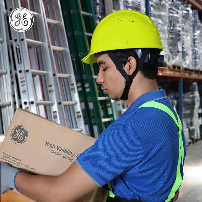 GE Cap Style Hard Hat, 4-Point Ratchet Suspension, Earmuff Slots, High Impact Resistant, Sweat-Wicking Sweatband, Meets ANSI Z89.1-2014, Comfortable, and Protective - Hi-Vis Line, Vented