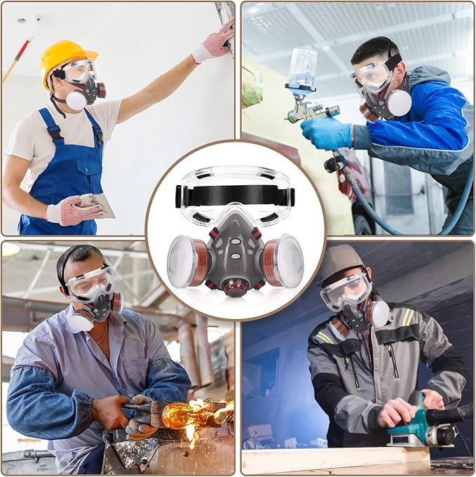 Reusable Respirator Mask with Filters - Chemical Gas Dust Masks w/Goggles for Painting Spraying Sanding Welding Woodworking (308)