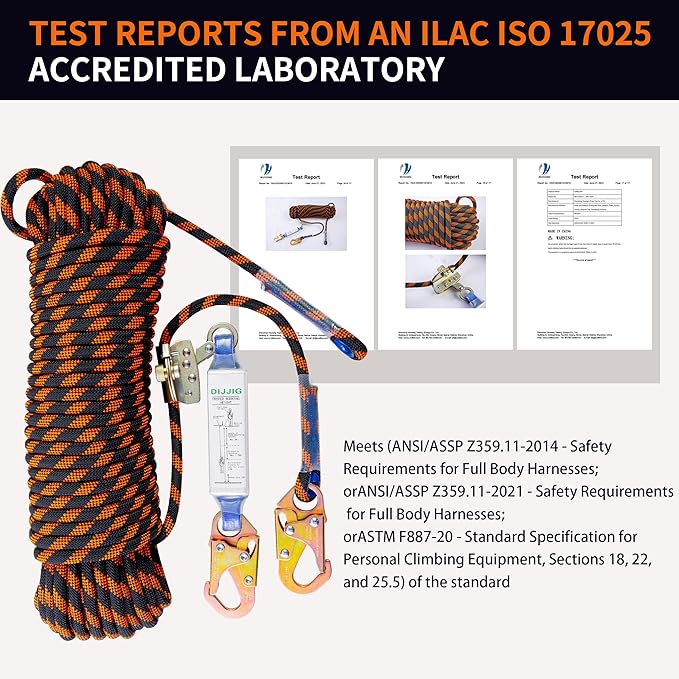Rope Harness Safety Lanyard 150ft Vertical Roofing Rope with Grab Snap Hooks Shock Absorber Fall Protection Tree Climbing Line Kit Heavy Duty Roof Safety Equipment ANSI CE