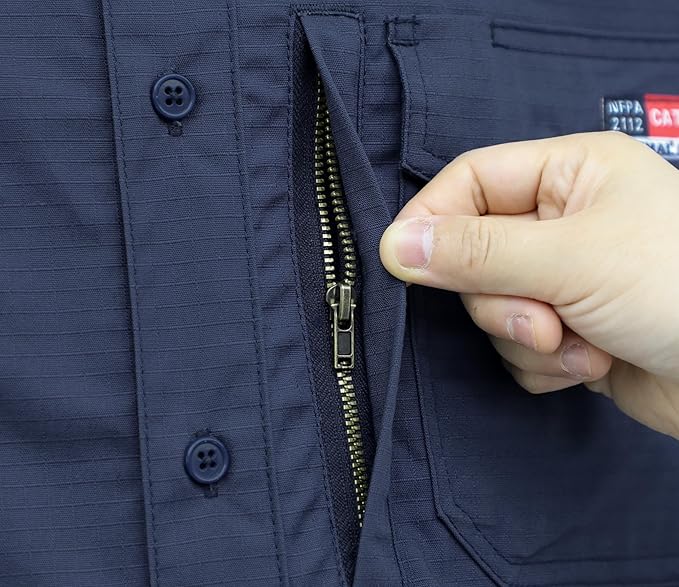 BOCOMAL FR Shirts 6oz Ripstop Durable Rugged Zipper Pocket Water Repellent Finish Fire Resistant Shirt-CAT2
