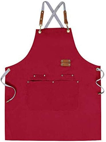 Chef Apron,Cross Back Apron for Men Women with Adjustable Straps and Large Pockets,Canvas,M-XXL (Red)