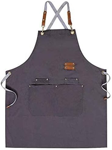 Chef Apron,Cross Back Apron for Men Women with Adjustable Straps and Large Pockets,Canvas,M-XXL (Grey)