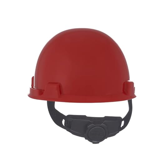 MSA 10074071 SmoothDome Cap Style Safety Hard Hat with Fas-Trac III Ratchet Suspension | Polyethylene Shell, Superior Impact Protection, Self Adjusting Crown Straps - Standard Size in Red