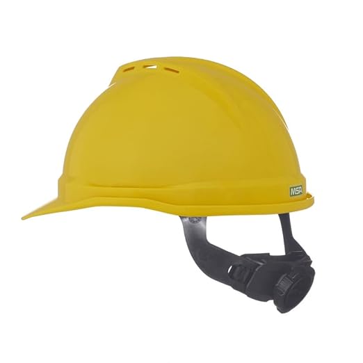 MSA 10034029 V-Gard 500 Cap Style Safety Hard Hat with 6-Point Fas-Trac III Ratchet Suspension | Polyethylene Shell, Superior Impact Protection, Self Adjusting Crown Straps - Standard Size in Yellow