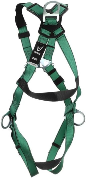MSA 10197200 V-Form Full Body Safety Harness - Size: Standard (Medium), D-Ring Configuration: Back/Hip, Qwik Fit Leg Straps, Color: Green, Full Body Harness, Durable