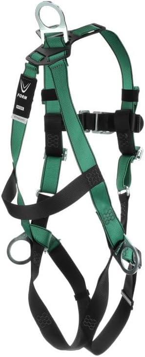 MSA 10197436 V-Form Full Body Safety Harness - Size: Standard (Medium), D-Ring Configuration: Back/Chest/Hip, Qwik Fit Leg Straps, Color: Green, Full Body Harness, Durable
