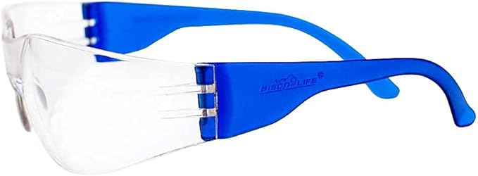 BISON LIFE Protective Safety Glasses - Clear Polycarbonate Impact and Ballistic Resistant Lens, BLUE Temple (Case of 12 Boxes, 144 PAIRS)