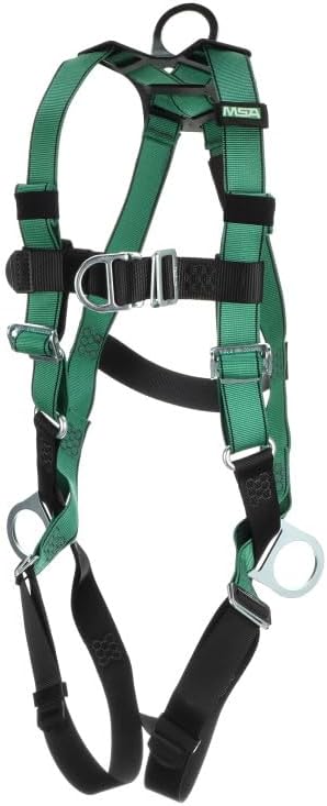 MSA 10197436 V-Form Full Body Safety Harness - Size: Standard (Medium), D-Ring Configuration: Back/Chest/Hip, Qwik Fit Leg Straps, Color: Green, Full Body Harness, Durable