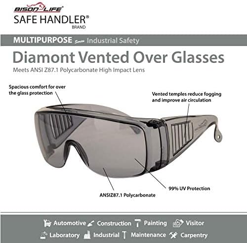 BISON LIFE Diamont Vented Over Glasses Safety Glasses | Meets ANSI Z87.1, Impact Resistant Polycarbonate Lens