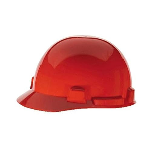 MSA 10074071 SmoothDome Cap Style Safety Hard Hat with Fas-Trac III Ratchet Suspension | Polyethylene Shell, Superior Impact Protection, Self Adjusting Crown Straps - Standard Size in Red