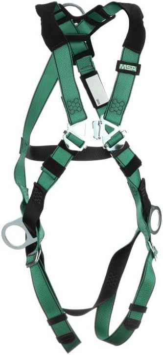 MSA 10197200 V-Form Full Body Safety Harness - Size: Standard (Medium), D-Ring Configuration: Back/Hip, Qwik Fit Leg Straps, Color: Green, Full Body Harness, Durable