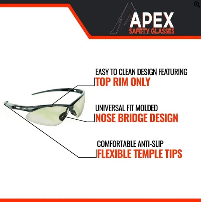 Malta Dynamics APEX Safety Glasses – Construction Safety Glasses for Men and Women with Anti Scratch and Anti Fog Protection, ISEA & ANSI Z87 Compliant (Indoor/Outdoor, 12 Pairs)