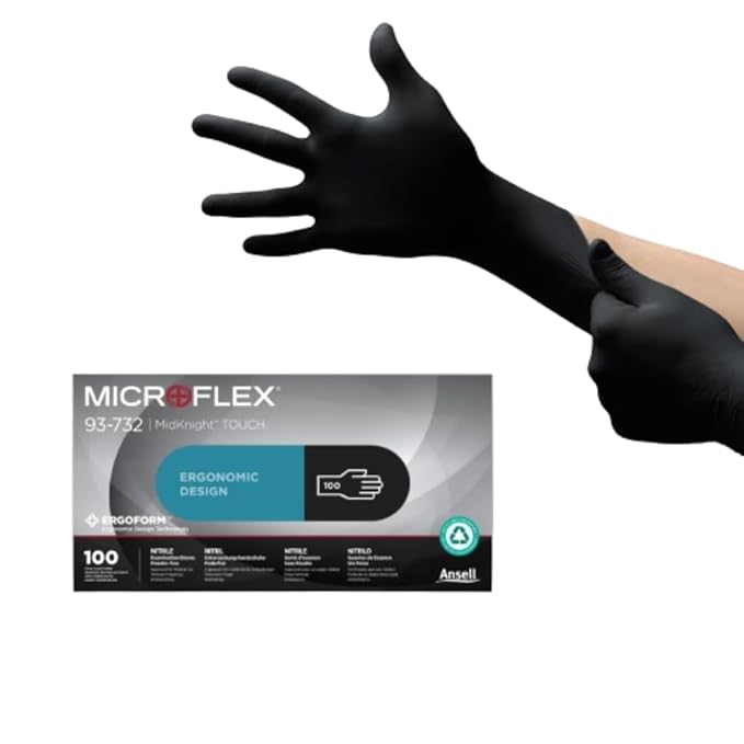 Ansell MICROFLEX Midknight Touch 93-732 Disposable Nitrile Exam Gloves for Auto, Tattoo, Dentistry, Catering, 4.3 mil - XXL, Black (Box of 90)